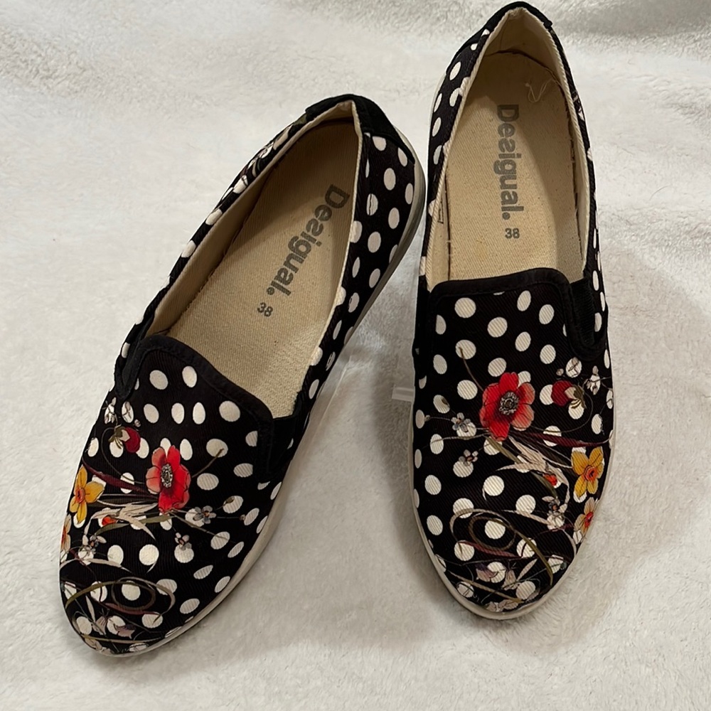 Desigual black canvas sneakers w/white polkadots and flowers . Size 38, US 7.5